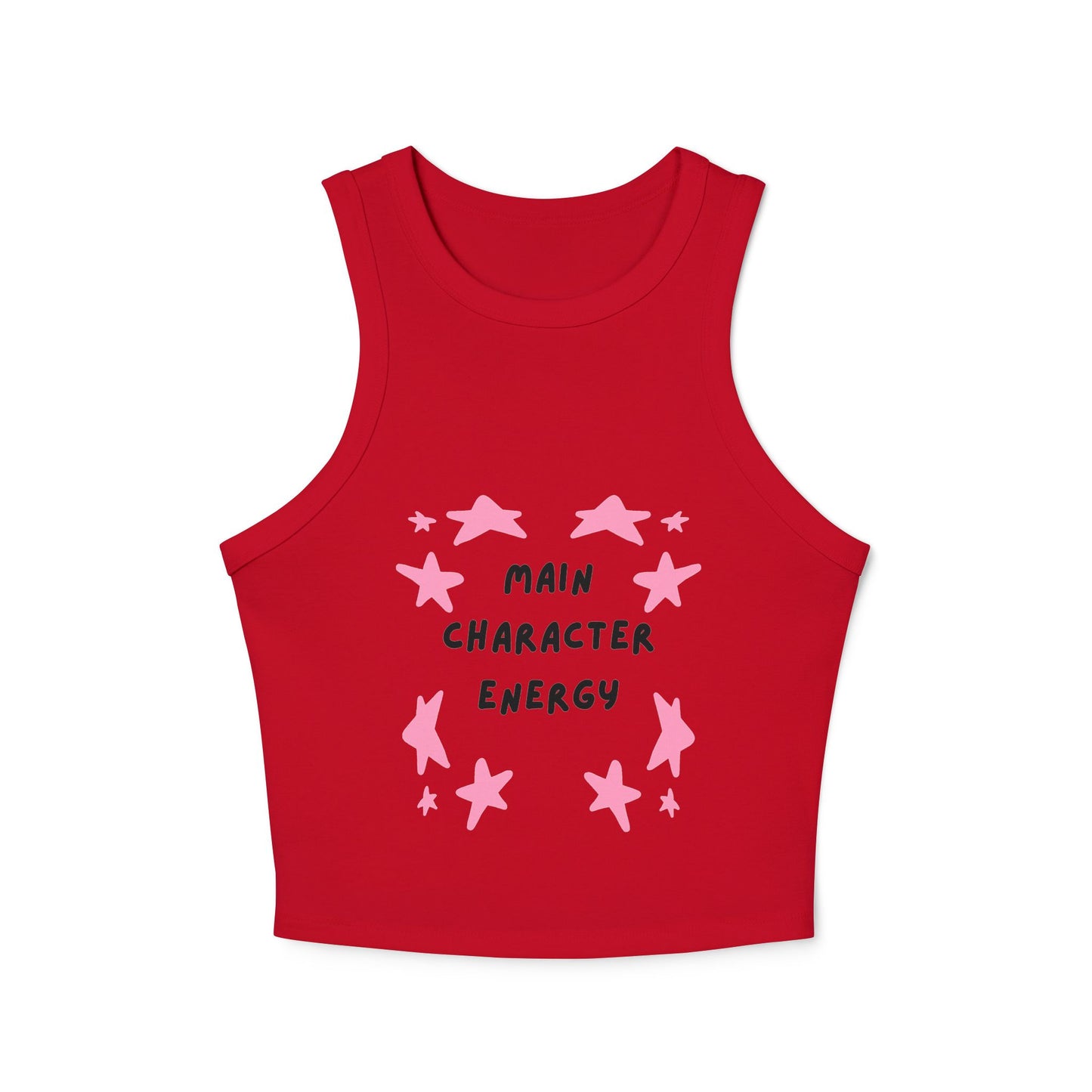 Main Character Energy Tank Top — Women's Cropped Rib Racer Tank with Pink Star Design