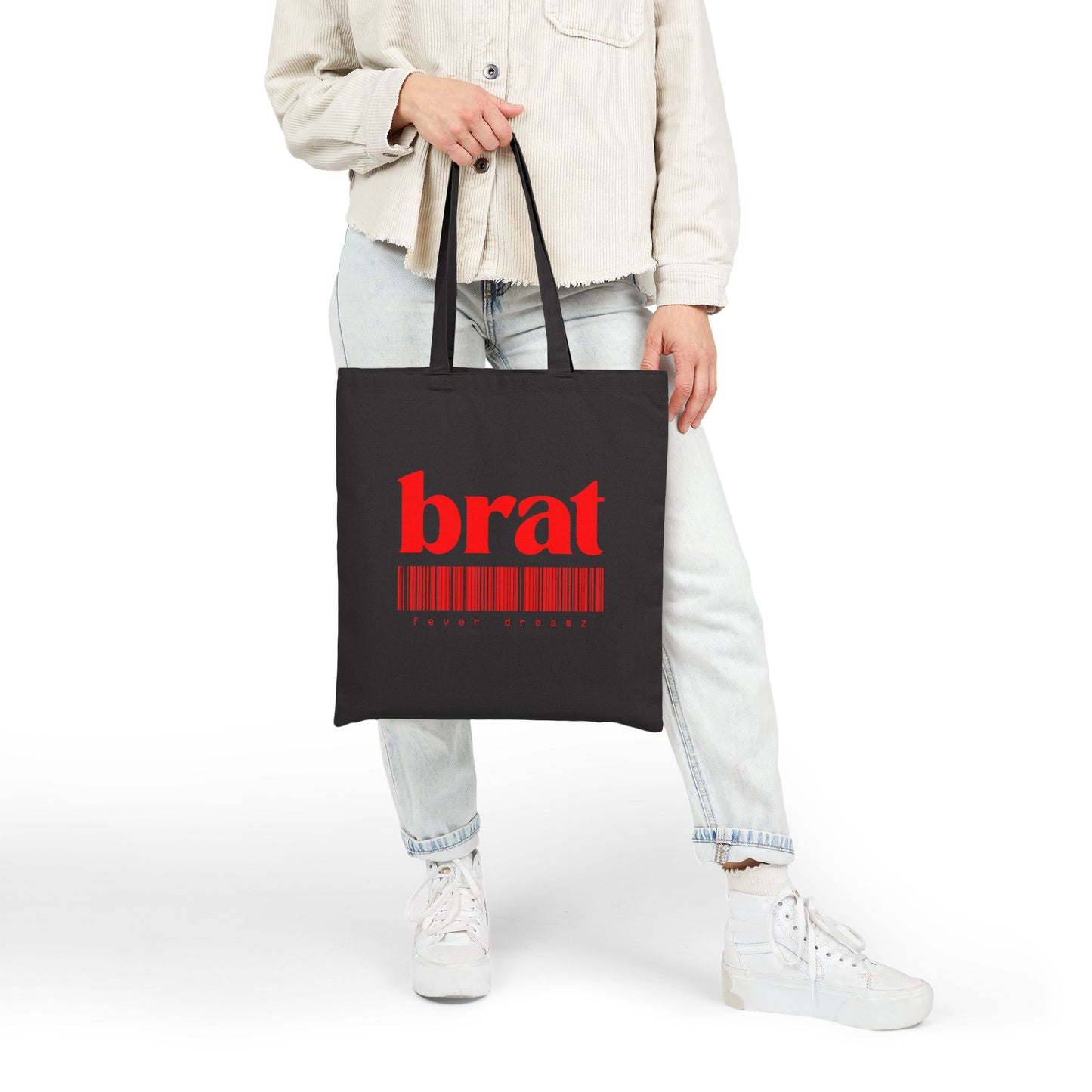 Brat Barcode Canvas Tote — Bold Red Graphic Cotton Tote