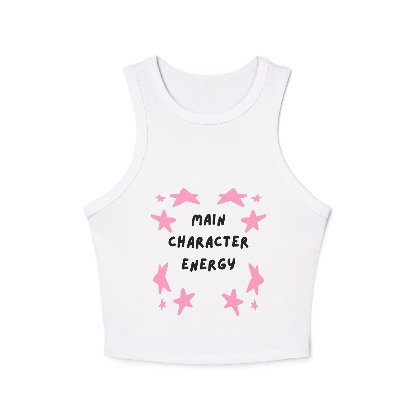 Main Character Energy Tank Top — Women's Cropped Rib Racer Tank with Pink Star Design