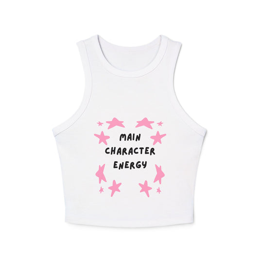 Main Character Energy Tank Top — Women's Cropped Rib Racer Tank with Pink Star Design
