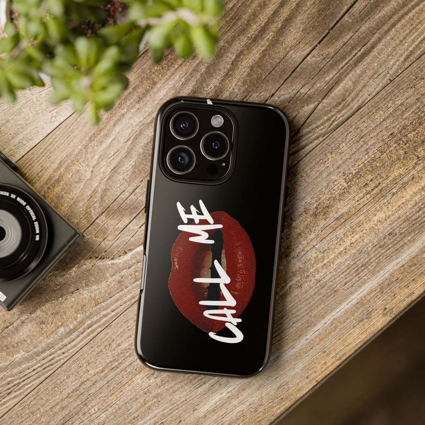 Phone Case — Glossy Black "Call Me" Red Lips Protective Case