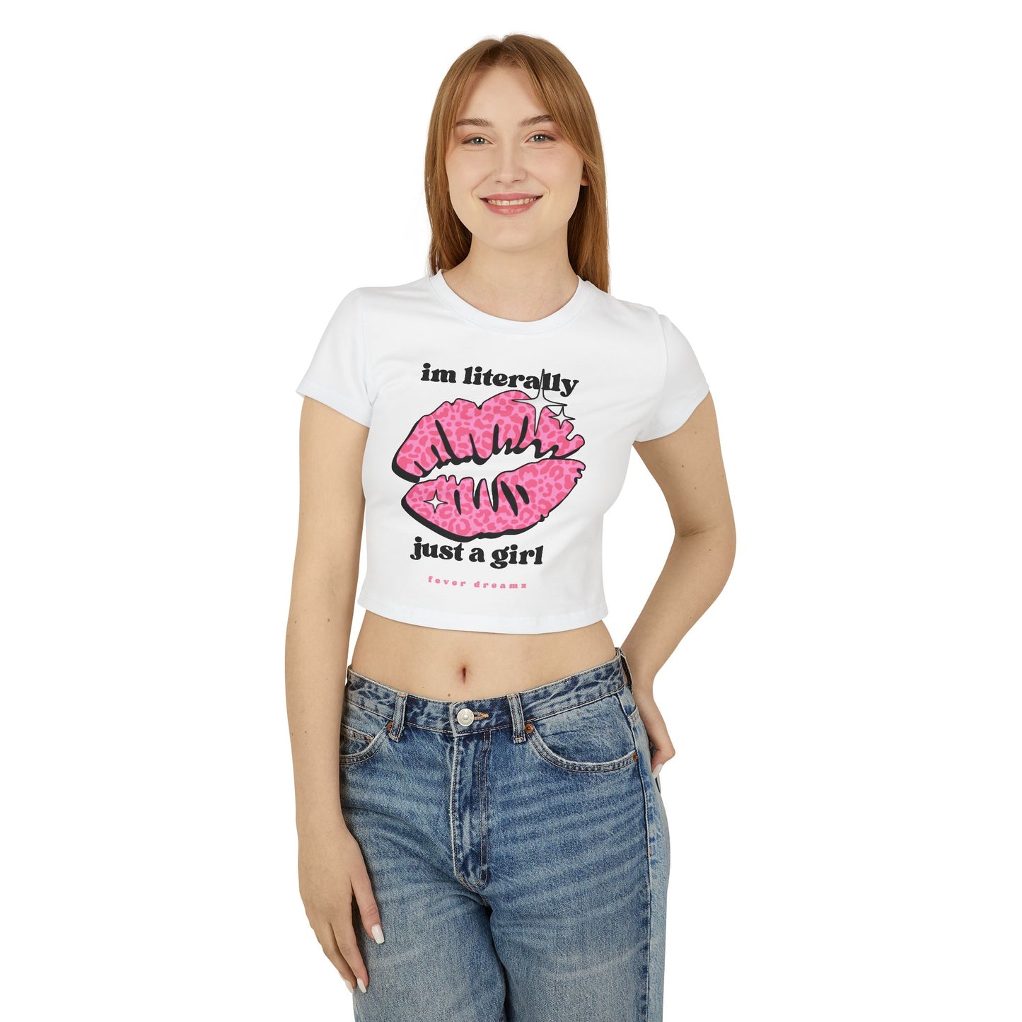 Women's Baby Tee - "I'm Literally Just a Girl" Pink Lip Graphic Crop Top